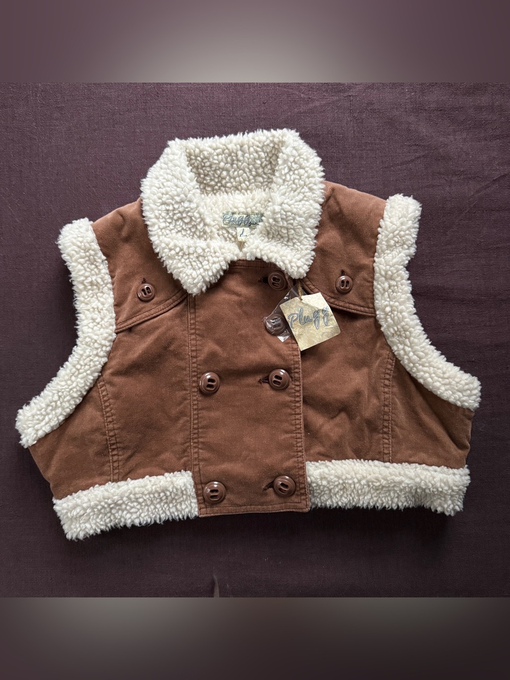 Vintage Y2K Plugg Brown Corduroy Cropped Sherpa Vest Double Breasted Button L